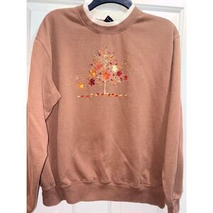 Trilogy by Morning Sun Brown Fall Tree Embroidered Sweatshirt Women Large L